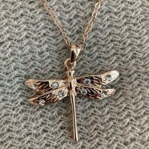 NECKLACE  Rose Gold Toned Dragonfly Necklace with Rhinestones.